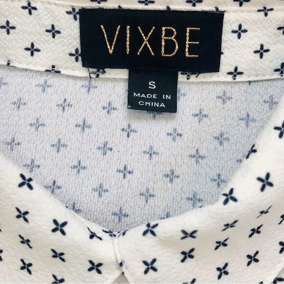 Vixbe Cream Black Print Button Front Long Sleeve Blouse Square Hem Loose Fit - Picture 6 of 16